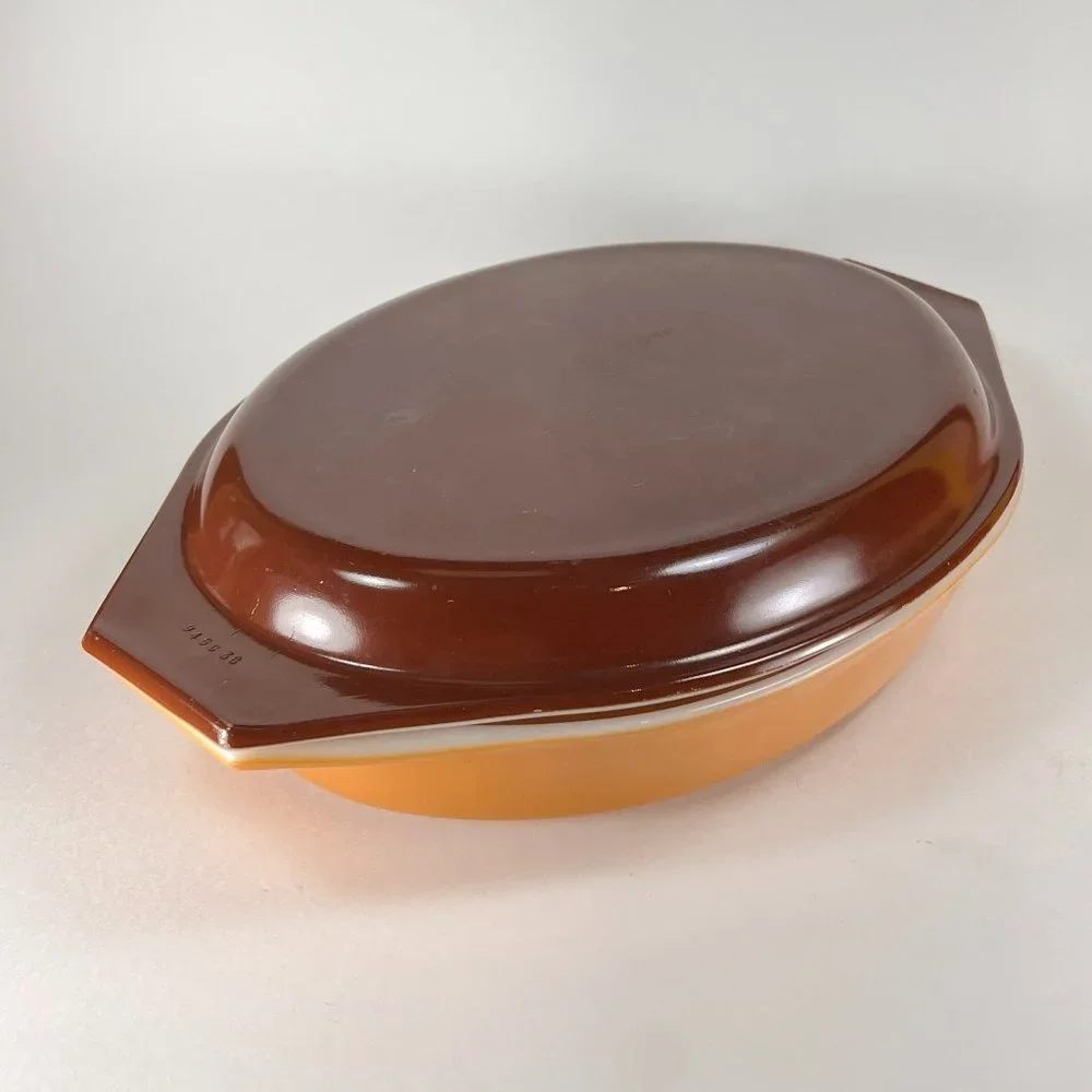 Vtg Pyrex Casserole Dish Lid Divided Oval Baking 063 Harvest Gold 1 Quart 70s